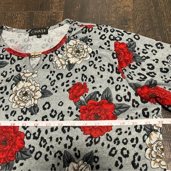 Grey & red floral print long sleeve top with leopard print background - Picture 4 of 8